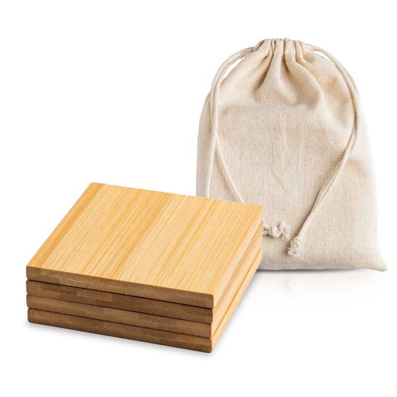 Bamcott Set de 4 bases de bambu para copos, com bolsa em algodão