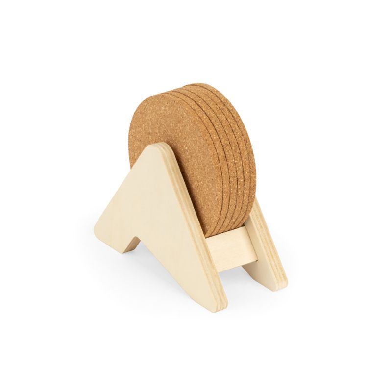 PLYCORK Suporte em contraplacado com 6 bases para copos em cortiça