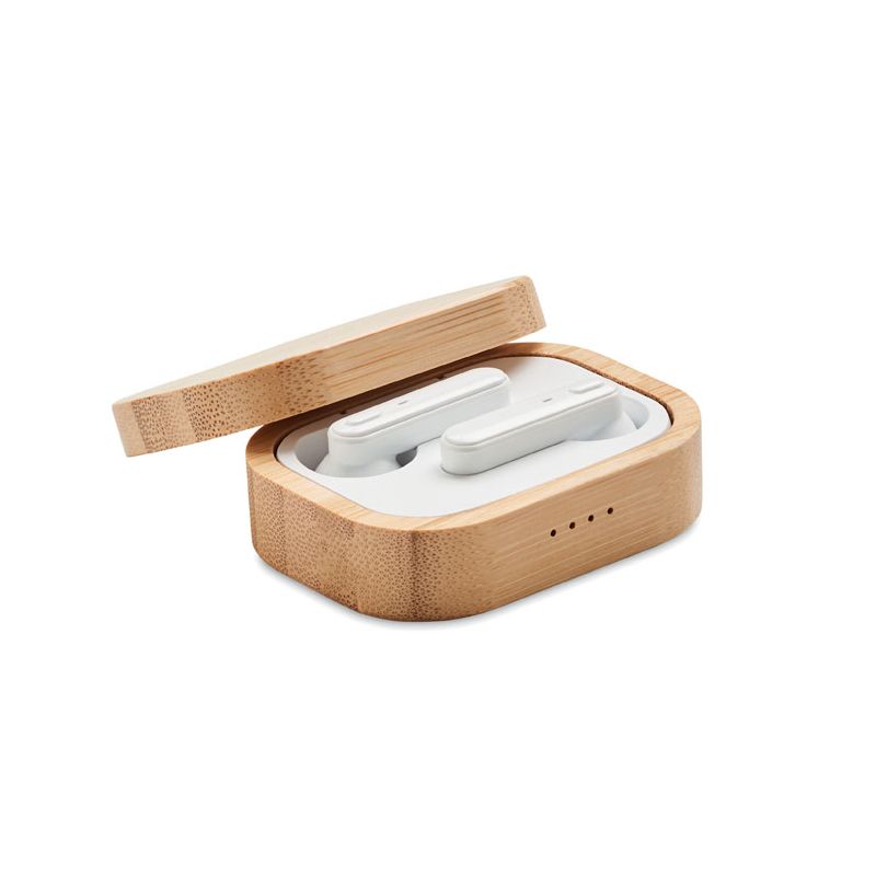 Fones TWS em caixa de bambu